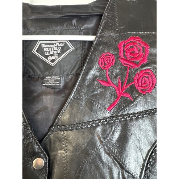 Diamond Plate Buffalo Leather Distressed Biker Vest Embroidered Roses Medium - Picture 3 of 8